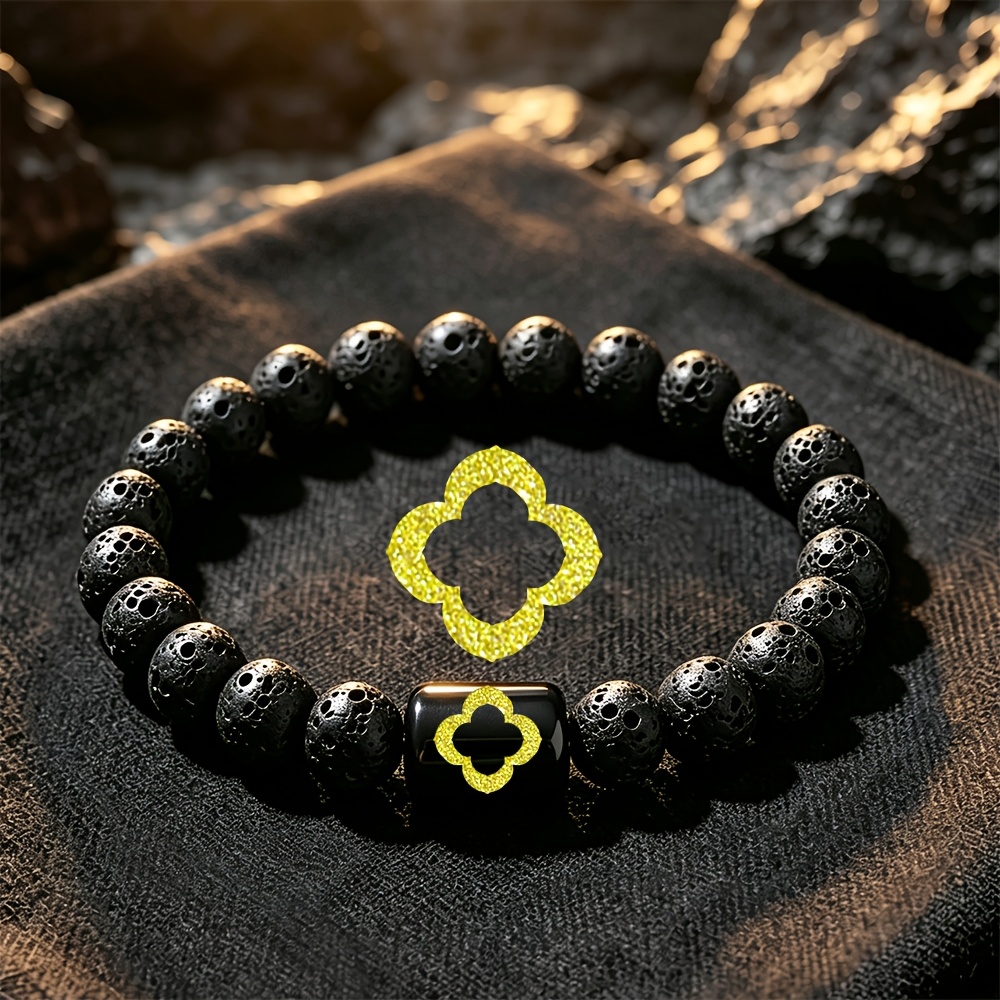 Women's Natural Stone Beaded Bracelet with Golden Four-Leaf Clover